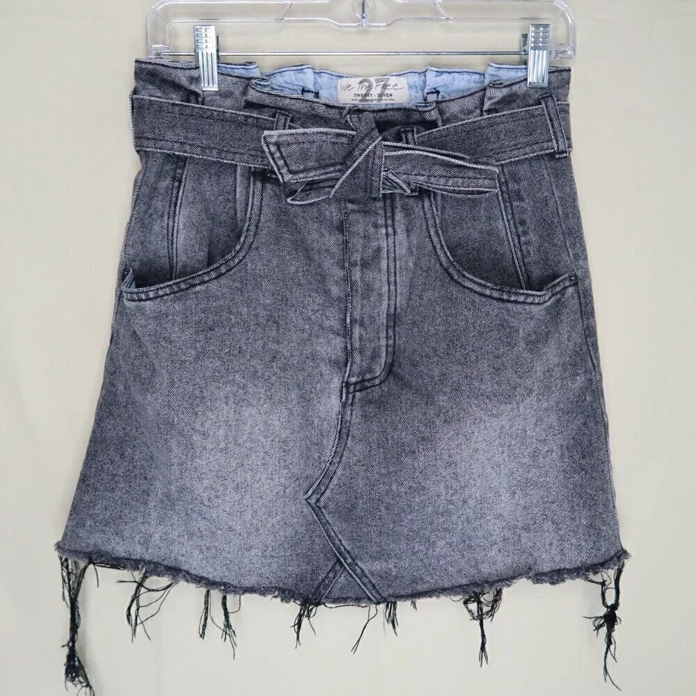 FP We The Free Belted Denim Skirt Grey Black Mini Raw Hem Boho Women's Size 27